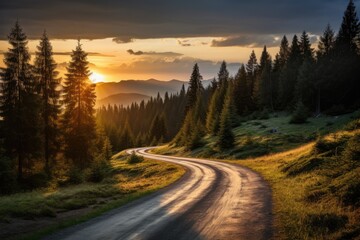 Aerial top view, mountaint road in dark green forest,