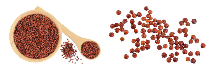 red quinoa seeds in wooden bowl and spoon isolated on white background with  full depth of field. Top view. Flat lay