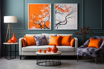 A modern living room with orange and white colours
