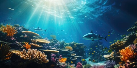Underwater Scene - Tropical Seabed With Reef And Sunshine