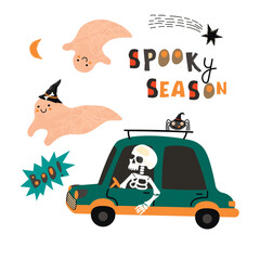 Spooky Season Poster with cute funny characters and hand written text.Cartoon ghost in a hat,spider and a skeleton in a car.Halloween colorful print on fabric and paper.Vector hand drawn illustration.
