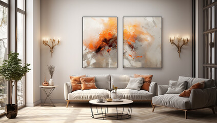 A modern living room interior with abstract art on the wall. The orange and white colour combination