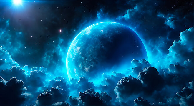 Deep space background featuring a blue planet and cosmic dust.