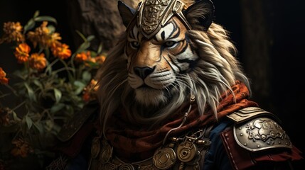 A fantasy tiger from the Middle Ages in knightly armor.Created with Generative Ai technology.