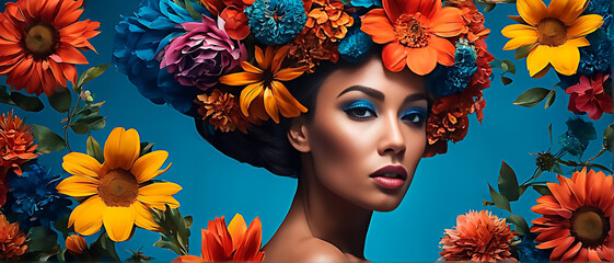 Attractive woman with colorful flowers on her head on blue background with flowers. Banner format.