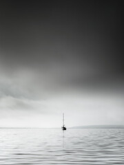 ascetic seascape with alone sailboat in monochrome style