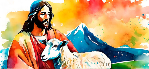 Jesus taking care of a sheep. Concept for faith. Watercolor style. Artwork. Banner.
