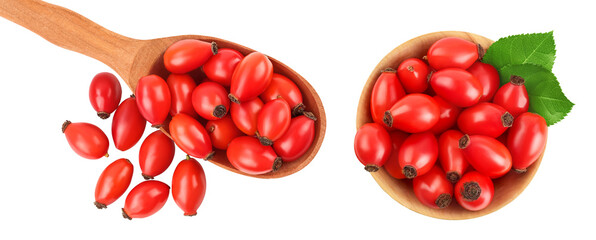 Rose hip in wooden bowl isolated on a white background with full depth of field. Top view. Flat lay