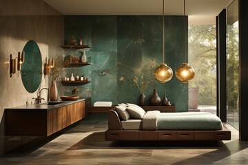Perfect bedroom with natural elements, plants, wood and hardwood floors. Elegant luxurious bedroom design