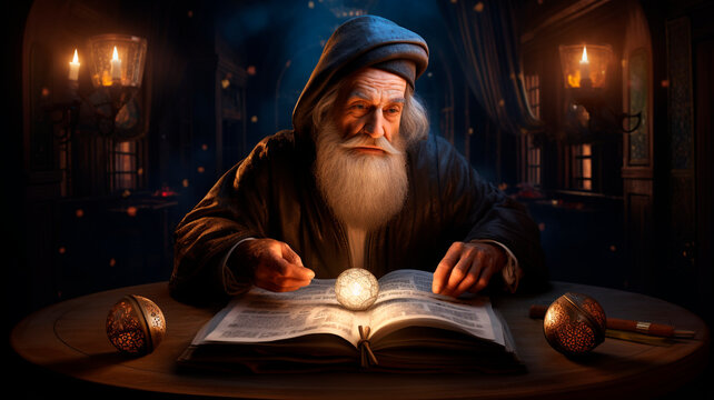 a soothsayer with a glass ball on a table, Generative AI