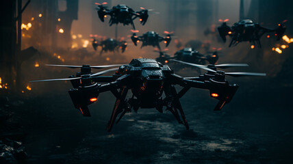 Attack of a swarm of combat drones, a cinematic shot of the use of modern technology in military affairs, Generative AI
