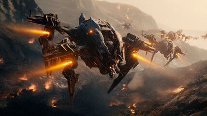 Attack of a swarm of combat drones, a cinematic shot of the use of modern technology in military affairs, Generative AI