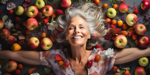 Fototapeta na wymiar mature woman with gray hair, beauty shooting with fruits