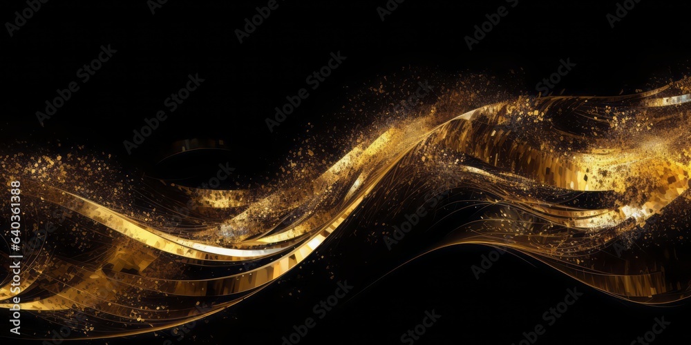 Poster golden wave: glittering artistry on black background. flickering light and tangled forms