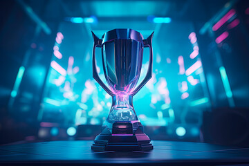 The esports winner trophy standing on the stage in the middle of the arena of the computer video game championship. Two rows of PCs for competing teams. Stylish neon lights with a cool design.	

