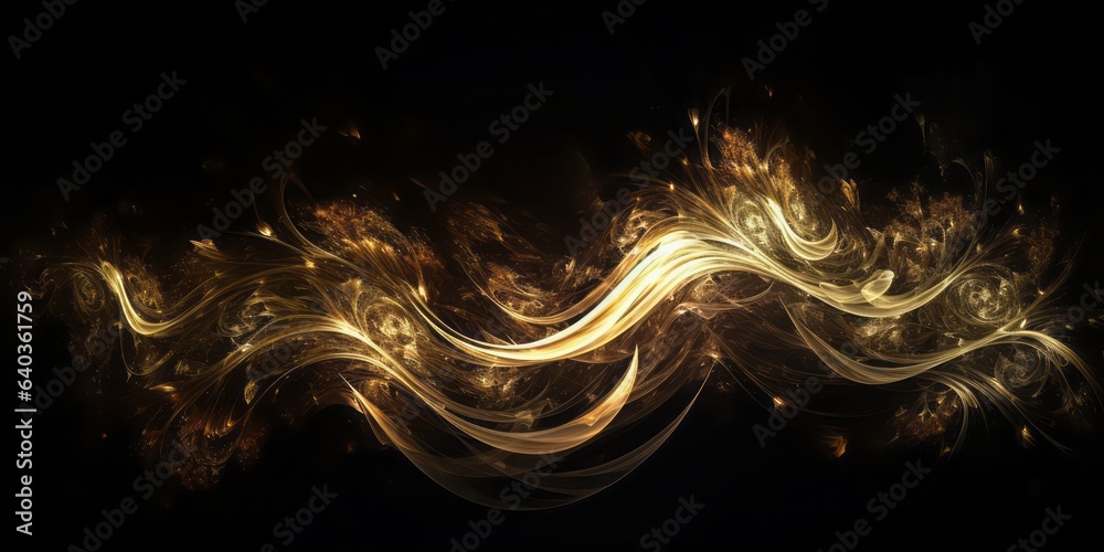 Poster golden wave: glittering artistry on black background. flickering light and tangled forms