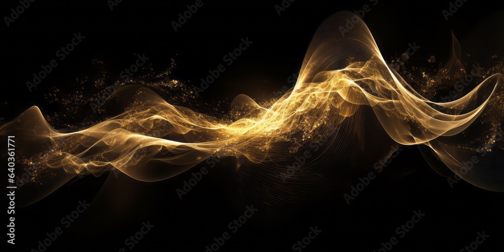 Poster Golden Wave: Glittering Artistry on Black Background. Flickering Light and Tangled Forms