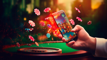 online casinos, big gambling in your smartphone. illustration of gambling mobile apps, Generative AI - obrazy, fototapety, plakaty
