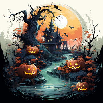Detailed and lush vector illustration of Halloween celebration of an abandoned castle with ancient trees in t-shirt design. Halloween t-shirt designs that capture the essence of the festive spirit.