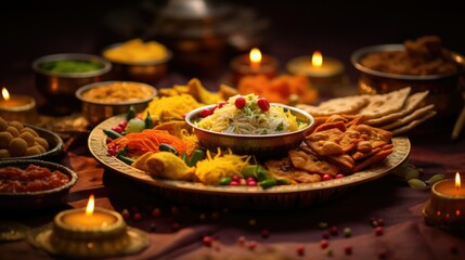 Fresh tasty salad and various snacks in large plate on table. Traditional Indian food illuminated by bright light of diyas in dark premise. Holiday Hindu food consumption on blurred background