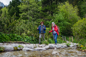 Obraz premium Active senior couple hiking together in autumn mountains.