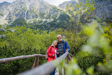 Fototapeta na wymiar Portrait of beautiful active senior couple hiking together in autumn mountains.