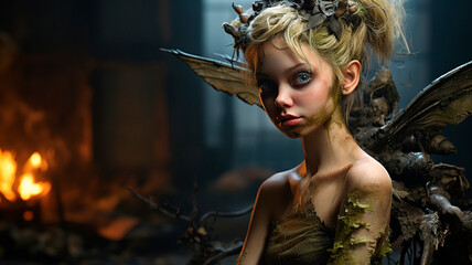 Fototapeta premium Tinker Bell fairy horror style creepy realistic portrait. Generative AI