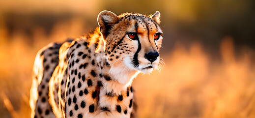 Cheetah looking for a prey in the wild. Blurred savanna  on the background.