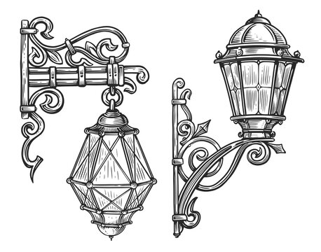 Wall wrought iron street lamp in engraving style. Lantern sketch vintage illustration