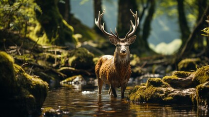 Serene Forest Landscape with Deer by the River. Natural Beauty.