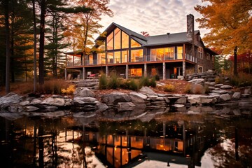 Fototapeta premium Beautiful modern house in the forest at sunset with reflection in water