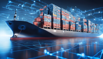 Virtual Twin Container Cargo Freight Ship - obrazy, fototapety, plakaty
