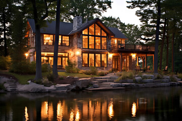 Obraz premium Luxury chalet on the lake in the evening.