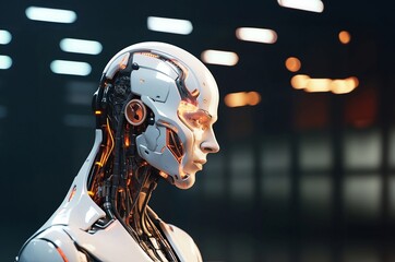 Stylish handsome cyborg robot portrait in profile on dark background. Futuristic man