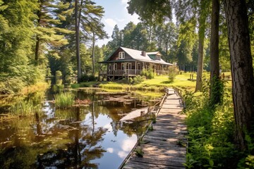 Fototapeta na wymiar Old wooden house on the lake in the park. Summer landscape.