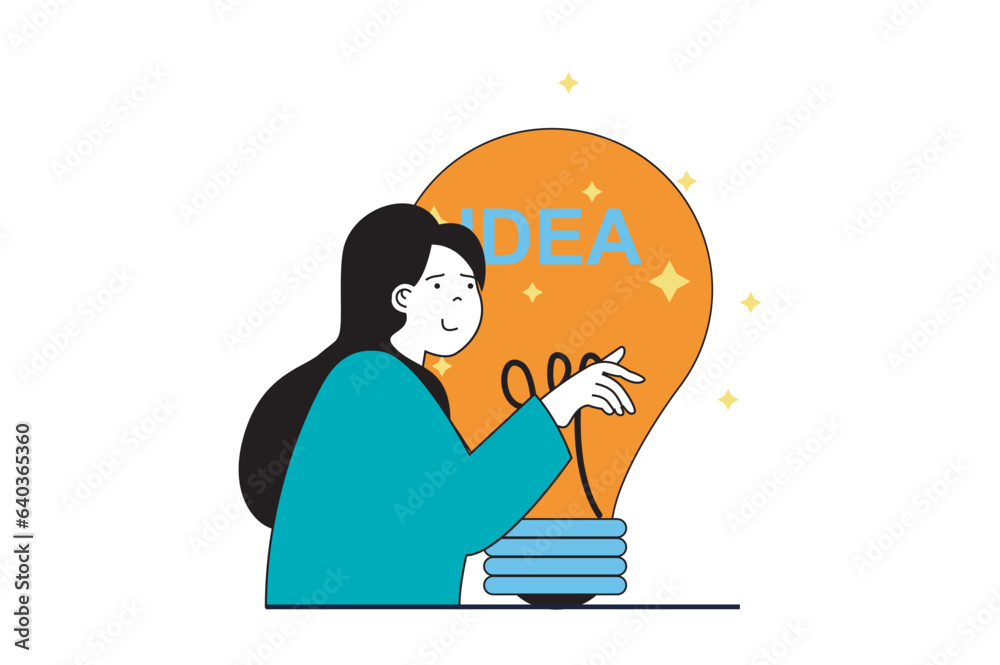 Poster brainstorming concept with people scene in flat web design. woman with light bulb generating ideas, 