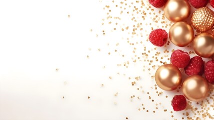 Naklejka na ściany i meble Raspberries with golden confetti. Festive dark red background.
