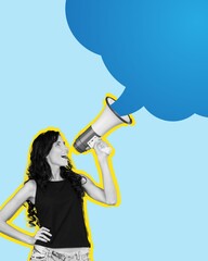 Creative collage of lady with megaphone and fake information