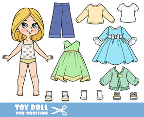Cartoon girl with with bob hairstyle and clothes separately - dresses,  long sleeve, shirts, jeans and sneakers doll for dressing