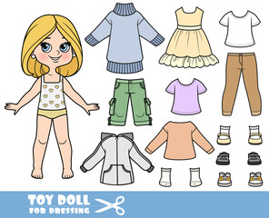 Cartoon girl with with bob hairstyle and clothes separately -sweater, jacket, shorts, longsleeve, jeans and sneakers doll for dressing
