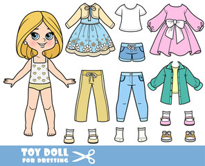 Cartoon girl with with bob hairstyle and clothes separately - dresses, shirts, shorts, jeans and sneakers doll for dressing