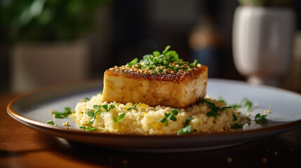 Simple side dish a slice of seared tofu on a small plate, generative ai