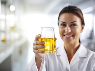 A glass beaker with a new medicinal drink in the hands of a chemical scientist.