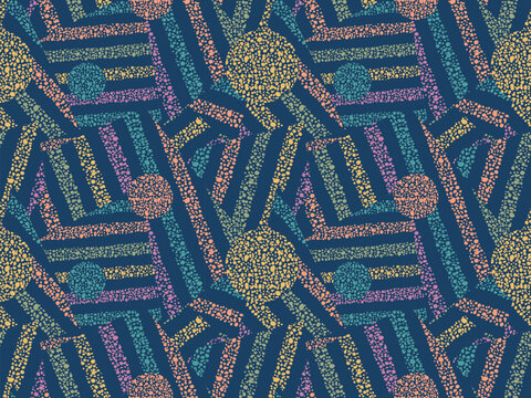 Vivid patchwork seamless pattern of colorful cut out textured pieces on dark blue background; dynamic vintage collage fuzzy vector background for sportswear and rugs