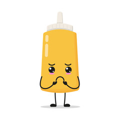 Cute gloomy mustard sauce bottle character. Funny sad food cartoon emoticon in flat style. mayonnaise bottle emoji vector illustration