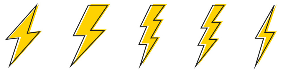 Vector electric lightning bolt logo set isolated on white background for electric power symbol, poster, t shirt. Thunder icon. Storm pictogram.