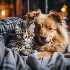 cute cat and dog sleep together and 
share their sleeping place and cuddle together
