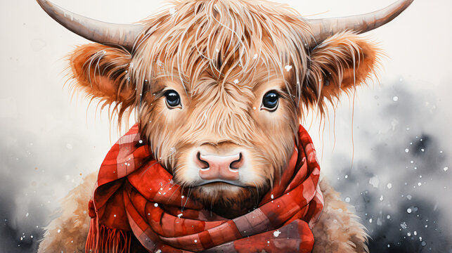 Cute Little Baby Highland Cow Wearing A Christmas Scarf