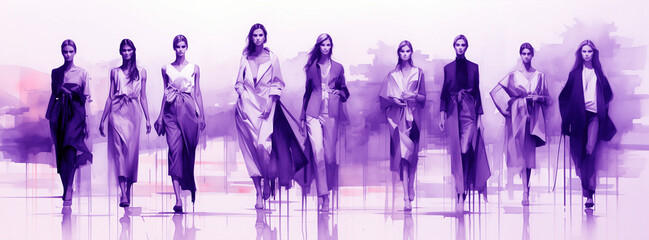 Sketch of models presenting creations on the runway during a Fashion Week show. Extra wide image.