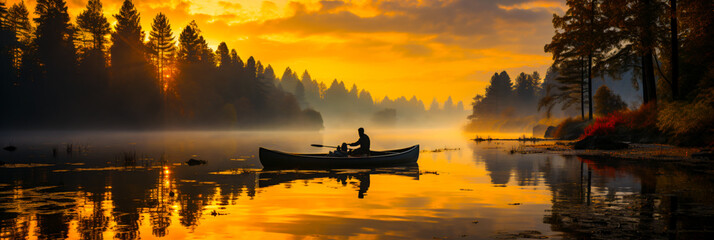 banner silhouette of a man fishing out on a lake in a forest at sundown